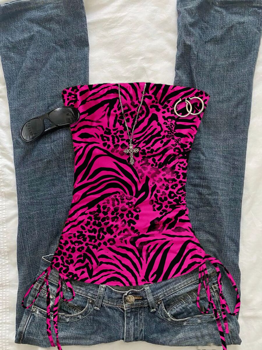 Attitoon Women's Sexy Leopard Print Drawstring Tie Bandeau Top - Multicolor - View 1