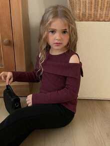 DAZY Young Girl) Cold Shoulder Design Round Neck Pullover Ribbed Long Sleeve Autumn T-Shirt - Burgundy - View 3