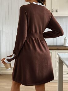 SHEIN 孕婦蕾絲拼接 A 字針織長袖洋裝，休閒日常穿著冬季款 - 咖啡 - 查看 2