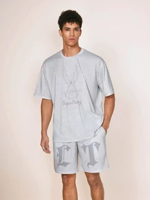 LOONEY TUNES X SHEIN Men's Cartoon Print Short Sleeve T-Shirt And Drawstring Waist Shorts Set - Grey - View 3