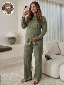 Slowluna 孕婦純色圓領長袖上衣與可調腰長褲哺乳兩件套 - 綠色 - 查看 3