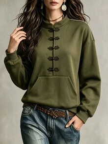 Wandoria Áo nỉ nữ phong cách Trung Quốc mới, cổ đứng cài nút ếch, có túi, kiểu áo Tang cải biên retro dáng rộng vai trễ, phong cách thường ngày cho mùa thu/đông - màu xanh lá - Xem 1