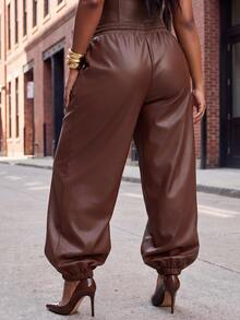 Slaydiva Plus Size Women's Solid Color PU Leather Casual Versatile Long Pants - Brown - View 7