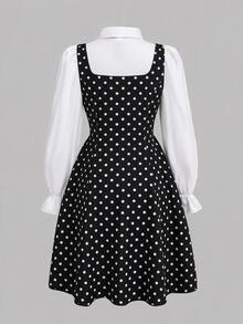 SHEIN Tween Girls Fall Style Fake Two-Piece Polka Dot Dress Puff Long Sleeve Bow Decor Back To School Daily Party Outfit - Black and White - View 2