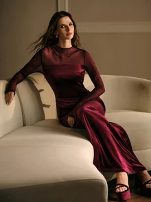 MOTF PREMIUM WOMEN'S CONTRAST MESH LONG SLEEVE PLEATED DESIGN SLIM FIT ELEGANT OCCASION MAXI DRESS - Burgundy - View 5