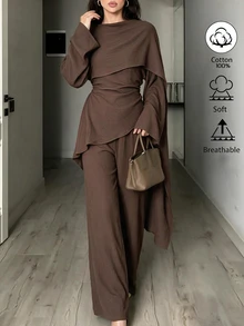 Elenzga Women's Standard Size Autumn Coffee-Colored Textured Pleated Fabric Set, Cross-Wrap Ribbon Flare Sleeve Top + High-Waist Slightly Flared Long Pants, Light Luxury Exquisite Minimalist Style, Suitable For Daily Commute, Dating, Casual Outings - Brown - View 5