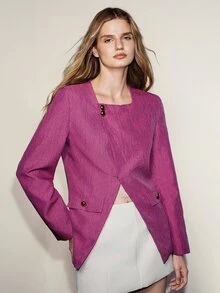 Aveloria Modichic Women's Blazer Straight Two-Tone Woven Overlap Square Neck Metal Button Shoulder Pads Modern Hot Pink Solid Women's Jacket Autumn Outfit Christmas - Pink - View 3