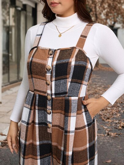 SHEIN LUNE Plus Size Women's Jumpsuit With Suspenders, Cinching Waist, Pockets, Wide Leg Long Pants, Plaid Pattern, Casual Daily Wear, Versatile Outfit For Autumn/Winter