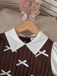 Elladie kids 女童春秋休閒襯衫套裝，返校季，淺粉色針織刷毛羅紋布拼接梭織布，白色長袖翻領 - 棕色 - 查看 5