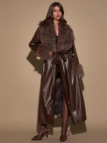 SHEIN BAE Women's Plush Patchwork Casual Versatile Daily Commute Trench Coat Jacket - Brown - View 4