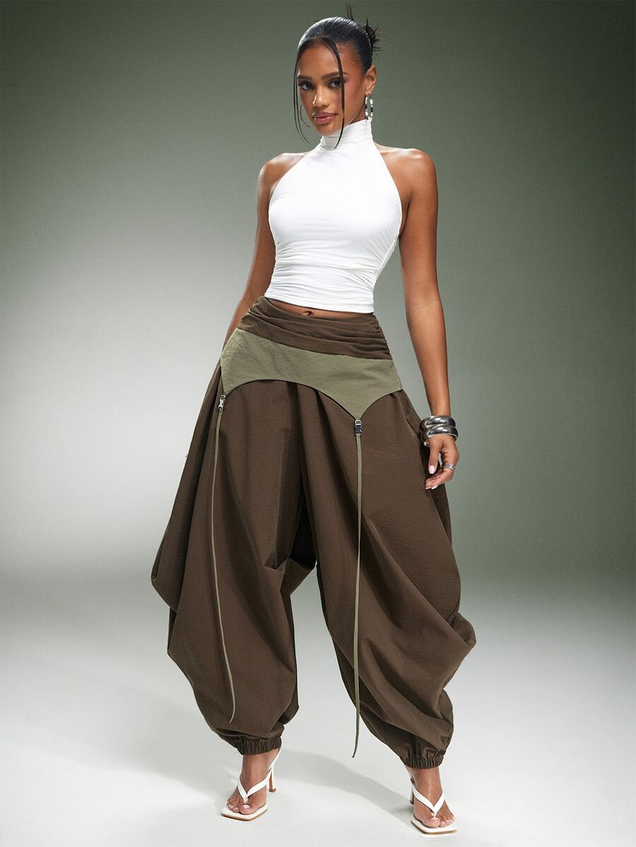 Denimoi Contrast Panel Foldover Oversized Balloon Pants - Brown - View 1