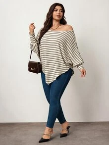 Enliva Plus Size Stripe Waffle Knit Long Sleeve Top Compatible With Apple Body Round Body - Brown - View 5