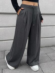 Dazy Plus Striped Loose Straight Leg Drawstring Decor Long Casual Business Plus Size Women's Suit Pants - Grey - View 6
