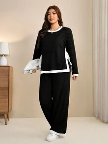 Edennvi Plus Size Women's Autumn Fashion Contrast Trim Round Neck Long Sleeve Knit Top And Pants Casual Elegant Set Fall Homewear Going Out Black And White - Black and White - View 1
