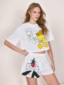 LOONEY TUNES X SHEIN Women's Round Neck Short Sleeve Top And Shorts Pajama Set LOONEY TUNES - White - View 3