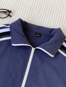 Comfortcana 女款側條紋拉鍊門襟夾克與長褲休閒兩件套 - 藏蓝色 - 查看 5