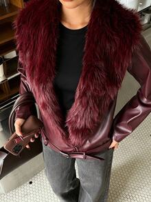 Aloruh Women's Autumn/Winter Burgundy PU & Fur Patchwork Jacket, Casual Versatile Outerwear - Burgundy - View 9