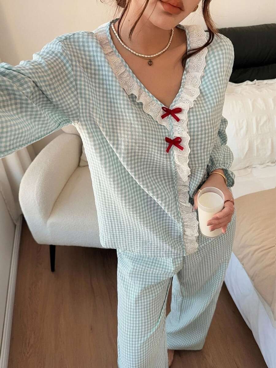 DAZY 2件組蕾絲拼接格紋長袖上衣與直筒長款睡褲女款睡衣套裝 - 綠色 - 查看 1