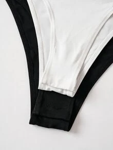 SHEIN BASICS Women's Minimalist Solid Color Long Sleeve Bodysuit 2 Pieces Set - Black and White - View 6