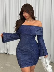 GalTyme Plus Size Women's Solid Color One-Shoulder Long Sleeve Ruched Fitted Fashion Dress - Royal Blue - View 7