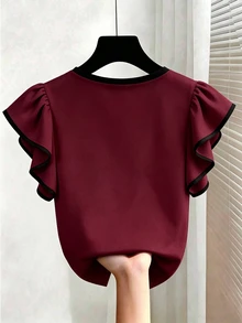 EMERY ROSE Plus Size French Elegant V-Neck Black & White Contrast Ruffle Trim Short Sleeve T-Shirt, Slim Fit Co - Multicolor - View 2