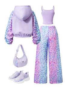 SHEIN Sparklyn 青少年女孩秋季套裝 3件組，復古風，拉鍊連帽衫，寬鬆針織，秋季假日休閒舒適穿搭 - 紫色 - 查看 2