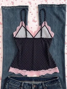 Sunspun Plus Size Summer Elegant Contrast Color Lace Trim Slit Cami Camisole - Multicolor - View 2