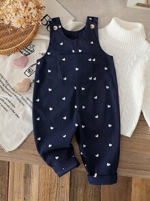 SHEIN Baby Set Corduroy Round Neck Sleeveless Pocket Button Long Loose Fit Romper Fall Burgundy - Blue - View 1