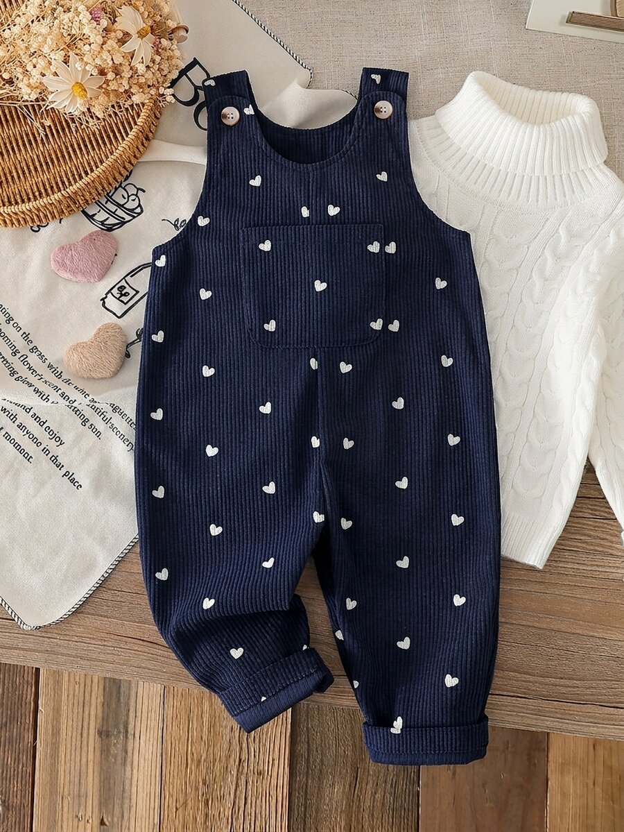 SHEIN Baby Set Corduroy Round Neck Sleeveless Pocket Button Long Loose Fit Romper Fall Burgundy - Blue - View 1