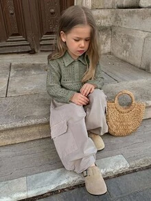Dazy Kids (少女款) 有領短袖紋理鏤空設計T恤 - 軍綠色 - 查看 3