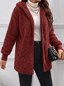 SHEIN Clasi 女款羊羔毛連帽休閒百搭日常長袖秋季運動機場穿搭拉鍊保暖咖啡棕夾克，適合返校、上班、公路旅行與旅遊 - 酒紅色 - 查看 4