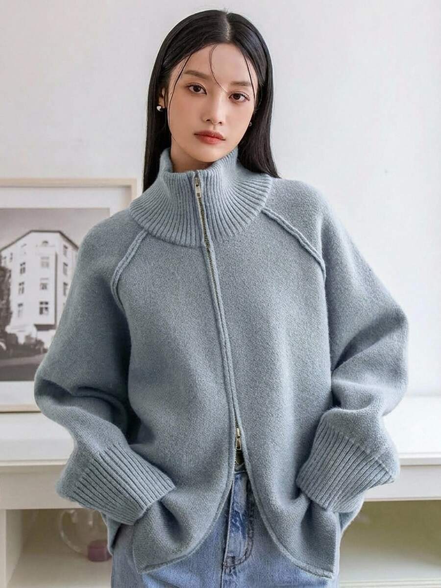 Dazy-Less Women's Minimalist Fashion High Collar Zipper Cardigan Old Money Style,Fall Women Clothes Business Casual Woman Work Clothes - Dusty Blue - View 1