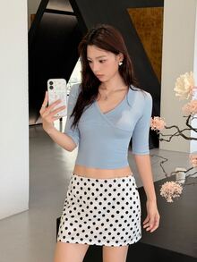 K-Vae Women's Sexy Style Criss-Cross V-Neck Regular Shoulder Mid-Sleeve T-Shirt, Versatile Summer Top - Blue - View 6
