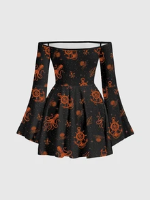 ROMWE Dark Gothic Squid Mysterious Asymmetrical Hem Off-Shoulder Sexy Vintage Women's Dress - Black - View 2