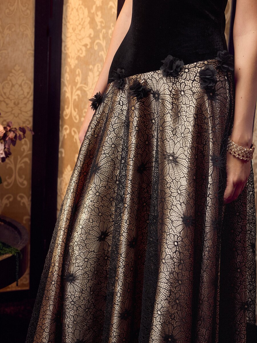 MOTF PREMIUM ELEGANT CREW NECK SLEEVELESS CONNECT LACE HEM MAXI GOWN FOR FORMAL EVENING PARTY, WEDDING, GALAS - Black - View 2