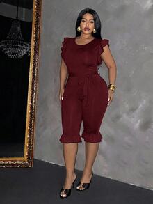 Slaydiva Women's Ruffle Sleeveless Fitted Cropped Jumpsuit With Belt, Black - Burgundy - View 8
