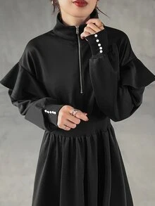 FRIFUL Women's Solid Color Zipper Half-Placket Patchwork Ruffle Hem Casual Long Dress - Black - View 7