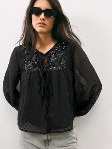 Maija Women's Patchwork Sequin Front Tie Polka Dot Mesh Fashion Blouse - Black - View 7