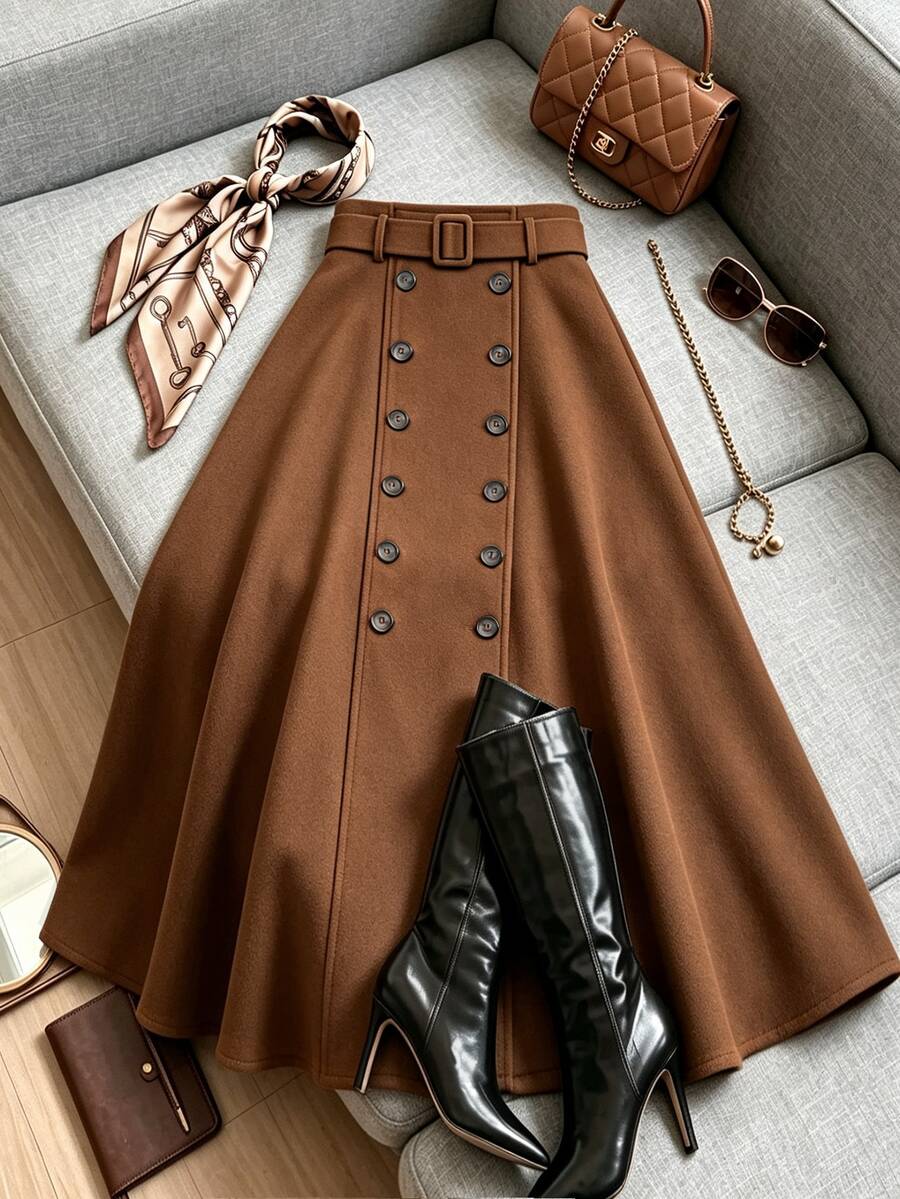 GlowEve Women's Vintage Elegant Button Decor Skirt - Coffee Brown - View 1