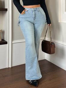 Dazy Plus Elastic Skinny Sexy Elegant Side Tie Design Flare Long Denim Jeans Spring Autumn New Style - Light Wash - View 8