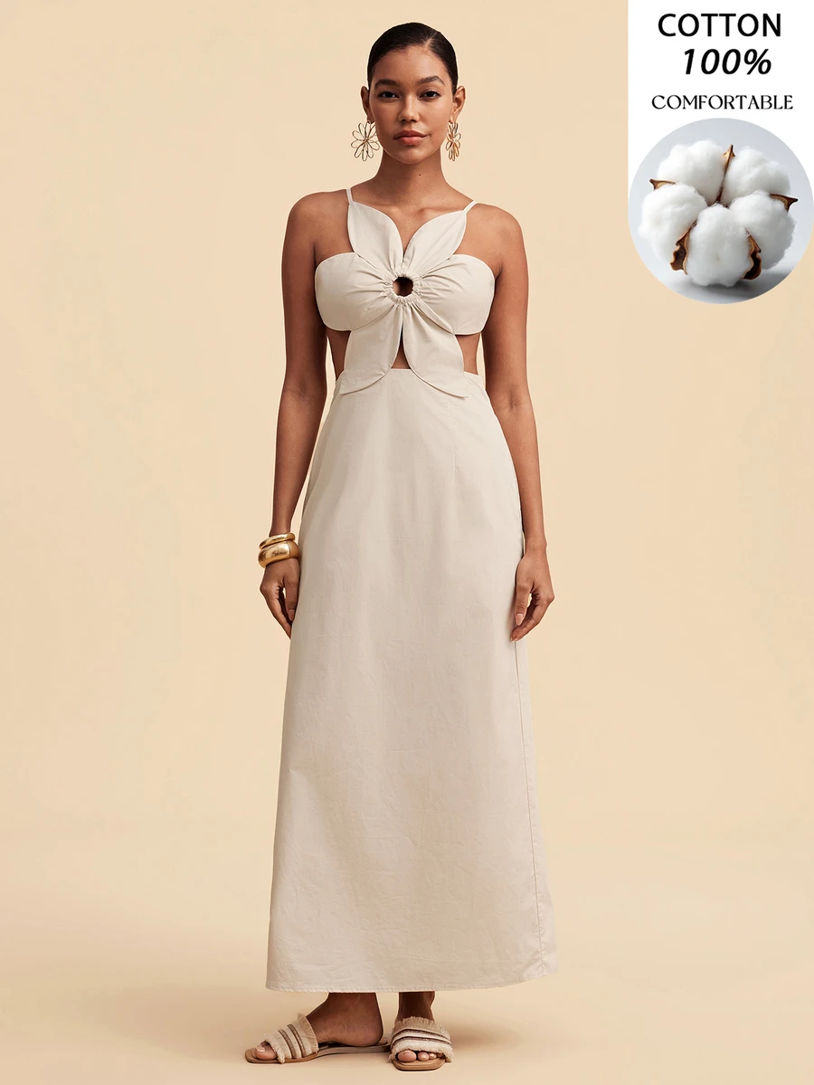 Travachic Women's Patchwork Floral Shape Solid Color Fitted Sexy Spaghetti Strap Dress - Beige - View 1