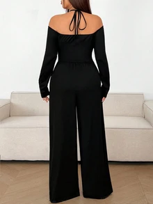 SHEIN Tall CURVE Plus Size Women's Solid Color Cold Shoulder Ruched Wide Leg Casual Jumpsuit, Tall & Extra Long - Black - View 2