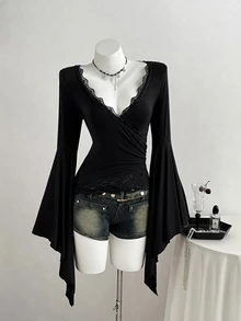 Elamini Women's Solid Color Contrast Lace V-Neck Flared Sleeve Fashion T-Shirt - Black - View 1