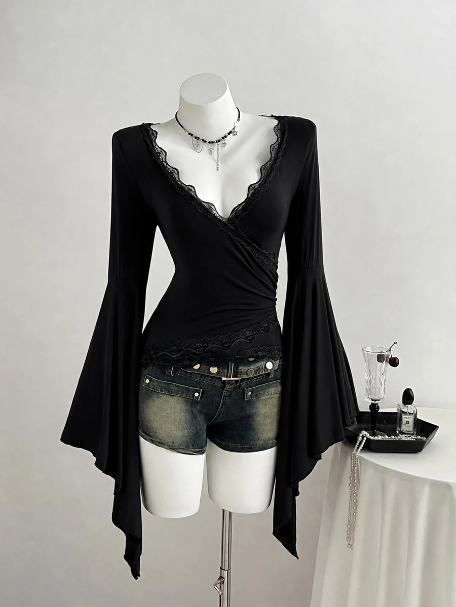 Elamini Women's Solid Color Contrast Lace V-Neck Flared Sleeve Fashion T-Shirt - Black - View 1