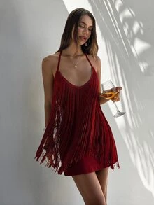 Aloruh Women's Spring/Summer Spaghetti Strap Deep V-Neck Tassel Decor Asymmetrical Hem Mini Dress - Burgundy - View 3
