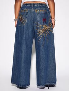 ROMWE Street Life Plus Size Women's Spider Web Embroidered Pattern Loose Straight Leg Jeans - Blue - View 6