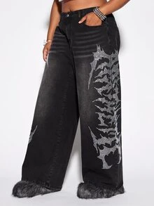 ROMWE Grunge Punk Casual Washed Letter Rhinestone Decor Plus Size Wide Leg Jeans - Black - View 9