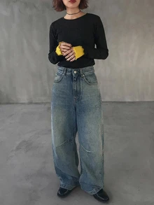 FRIFUL 女款對比色圓領長袖透視蕾絲布料層次感休閒百搭上衣，秋冬款 - 黑色 - 查看 5