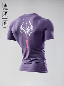Gym Rark Men's Summer Letter Print Raglan Short Sleeve Black Compression Sports T-Shirt, Suitable For Fitness, Running, Cycling, Gym - Purple - View 2