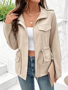 EMERY ROSE Zip-Up Stand Collar Long Sleeve Fitted Jacket Fall Winter Cloth For Women - Apricot - View 4